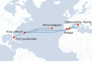Carte de l'itinéraire de croisière Fort Lauderdale-Ponta Delgada d'une durée de 14 jours