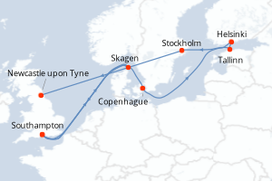Carte de l'itinéraire de croisière Southampton-Newcastle upon Tyne d'une durée de 12 jours
