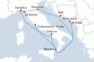 Carte itinéraire croisière Italie, Monténégro, Croatie - 10 jours au départ de Civitavecchia - Rome - Méditerranée