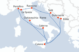 Carte itinéraire croisière Italie, Monténégro, Croatie - 10 jours au départ de Civitavecchia - Rome - Méditerranée