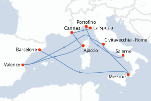Carte de l'itinéraire de croisière Barcelone-Salerne d'une durée de 11 jours