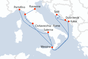 Carte itinéraire croisière Croatie, Monténégro, Italie - 11 jours au départ de Ravenne - Méditerranée