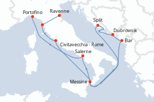 Carte itinéraire croisière Croatie, Monténégro, Italie - 11 jours au départ de Ravenne - Méditerranée