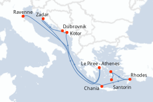 Carte de l'itinéraire de croisière Ravenne-Santorin d'une durée de 10 jours