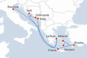 Carte de l'itinéraire de croisière Ravenne-Santorin d'une durée de 10 jours