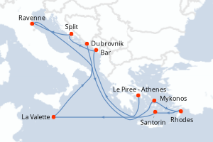 Carte de l'itinéraire de croisière Le Piree - Athenes-Dubrovnik d'une durée de 11 jours