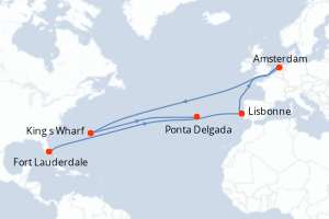 Carte de l'itinéraire de croisière Fort Lauderdale-Ponta Delgada d'une durée de 13 jours