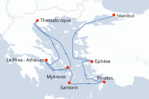 Carte itinéraire croisière Grèce, Turquie - 11 jours au départ de Le Piree - Athenes - Méditerranée