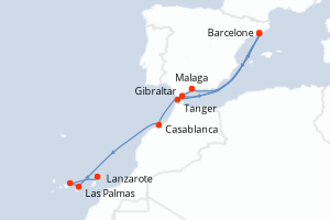 Carte itinéraire croisière Espagne, Maroc, Royaume-Uni - 12 jours au départ de Barcelone - Méditerranée