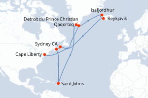 Carte de l'itinéraire de croisière Cape Liberty-Qaqortoq d'une durée de 13 jours