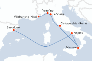 Carte itinéraire croisière Espagne, Italie, France - 10 jours au départ de Barcelone - Méditerranée