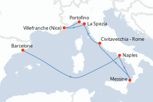 Carte itinéraire croisière Espagne, France, Italie - 10 jours au départ de Barcelone - Méditerranée