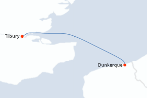 Carte de l'itinéraire de croisière Dunkerque-Tilbury d'une durée de 1 jours