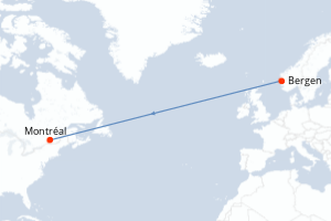 Carte de l'itinéraire de croisière Bergen-Montréal d'une durée de 11 jours