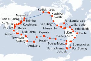 Carte itinéraire croisière Barbade, Brésil, Argentine, Uruguay, Îles Malouines, Chili, Royaume-Uni, France, Tonga, Nouvelle-Zélande, Australie, Indonésie, Singapour, Vietnam, Chine, Taïwan, Japon, États-Unis, Mexique, Salvador, Panama, Colombie - 133 jours au départ de Fort Lauderdale - Caraïbes Bahamas