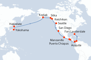 Carte itinéraire croisière Japon, États-Unis, Mexique, Salvador, Panama, Colombie - 34 jours au départ de Yokohama - Caraïbes Bahamas