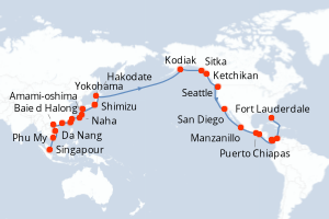 Carte itinéraire croisière Singapour, Vietnam, Chine, Taïwan, Japon, États-Unis, Mexique, Salvador, Panama, Colombie - 55 jours au départ de Singapour - Caraïbes Bahamas