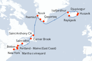 Carte de l'itinéraire de croisière Reykjavik-New York d'une durée de 19 jours