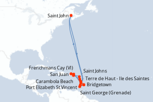 Carte de l'itinéraire de croisière San Juan-Bridgetown d'une durée de 14 jours