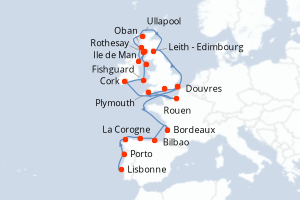 Carte itinéraire croisière Portugal, Espagne, France, Royaume-Uni, Irlande - 29 jours au départ de Lisbonne - Europe du Nord