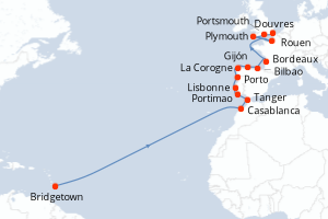 Carte de l'itinéraire de croisière Bridgetown-Douvres d'une durée de 28 jours