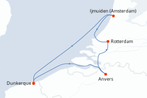 Carte de l'itinéraire de croisière Dunkerque-Anvers d'une durée de 5 jours