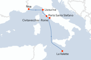 Carte de l'itinéraire de croisière Nice-La Valette d'une durée de 6 jours