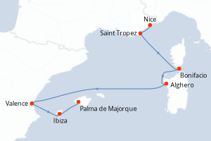 Carte de l'itinéraire de croisière Nice-Palma de Majorque d'une durée de 7 jours