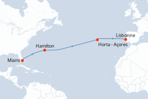Carte de l'itinéraire de croisière Lisbonne-Miami d'une durée de 11 jours