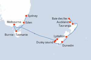 Carte itinéraire croisière Nouvelle-Zélande, Australie - 12 jours au départ de Auckland - Australie Nouvelle Zélande