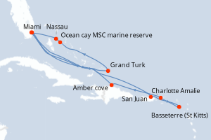 Carte de l'itinéraire de croisière Miami-Miami d'une durée de 14 jours