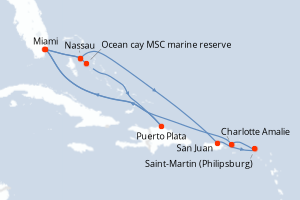 Carte de l'itinéraire de croisière Miami-Miami d'une durée de 14 jours