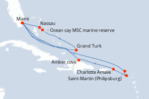 Carte itinéraire croisière Pays-Bas, Royaume-Uni, République Dominicaine, Bahamas, États-Unis - 14 jours au départ de Miami - Caraïbes Bahamas