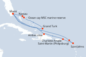 Carte de l'itinéraire de croisière Miami-Miami d'une durée de 14 jours