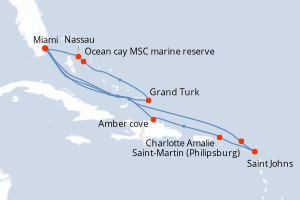 Carte itinéraire croisière Pays-Bas, Antigua-et-Barbuda, Royaume-Uni, République Dominicaine, États-Unis, Bahamas - 14 jours au départ de Miami - Caraïbes Bahamas