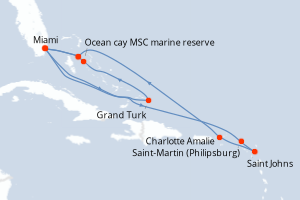 Carte itinéraire croisière États-Unis, Bahamas, Pays-Bas, Antigua-et-Barbuda, Royaume-Uni - 14 jours au départ de Miami - Caraïbes Bahamas