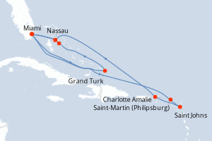Carte itinéraire croisière Pays-Bas, Antigua-et-Barbuda, Royaume-Uni, États-Unis, Bahamas - 14 jours au départ de Miami - Caraïbes Bahamas