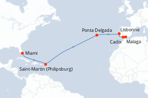Carte itinéraire croisière États-Unis, Pays-Bas, Portugal, Espagne - 14 jours au départ de Miami - Transatlantique