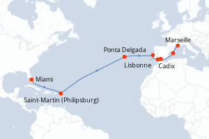 Carte itinéraire croisière États-Unis, Pays-Bas, Portugal, Espagne, France - 16 jours au départ de Miami - Transatlantique