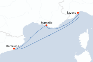 Carte de l'itinéraire de croisière Barcelone-Barcelone d'une durée de 3 jours