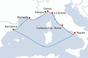 Carte itinéraire croisière Italie, France, Espagne - 7 jours au départ de Savone - Méditerranée