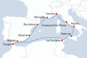 Carte itinéraire croisière Italie, France, Espagne, Maroc - 12 jours au départ de Savone - Méditerranée