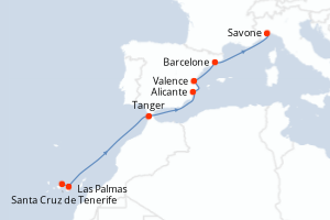 Carte de l'itinéraire de croisière Santa Cruz de Tenerife-Savone d'une durée de 8 jours