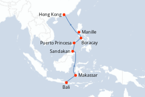 Carte itinéraire croisière Indonésie, Malaisie, Philippines, Chine - 11 jours au départ de Bali - Asie