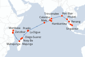 Carte itinéraire croisière Kenya, Tanzanie, Madagascar, Seychelles, Maldives, Sri Lanka, Inde, Thaïlande, Malaisie, Singapour - 25 jours au départ de Mombasa - Asie