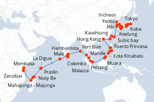 Carte itinéraire croisière Kenya, Tanzanie, Madagascar, Seychelles, Maldives, Sri Lanka, Inde, Thaïlande, Singapour, Brunei, Malaisie, Philippines, Chine, Taïwan, Corée du Sud, Japon - 58 jours au départ de Mombasa - Asie
