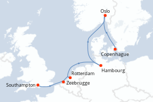 Carte itinéraire croisière Royaume-Uni, Belgique, Pays-Bas, Allemagne, Norvège, Danemark - 9 jours au départ de Southampton - Europe du Nord