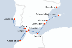 Carte itinéraire croisière Royaume-Uni, Maroc, Espagne, Portugal - 10 jours au départ de Barcelone - Atlantique