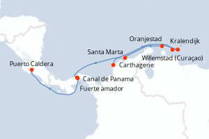 Carte itinéraire croisière Colombie, Pays-Bas, Aruba, Panama, Chili - 10 jours au départ de Carthagene - Amérique du Sud