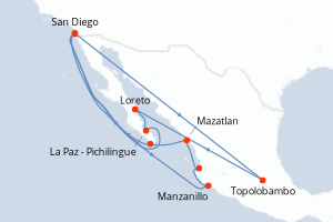 Carte itinéraire croisière États-Unis, Mexique - 18 jours au départ de San Diego - Amérique du Nord